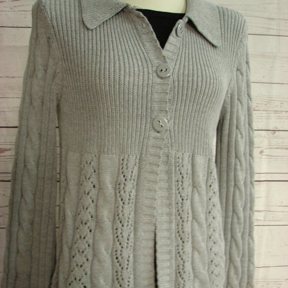 Lt Gray Cable Knit Flare Sleeve Cardigan Sweater L - Picture 2 of 16